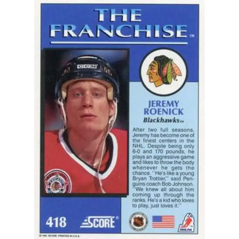 1991-92 Score American #418 Jeremy Roenick NM-MT Chicago Blackhawks Hockey Card - Hockey Card Single
