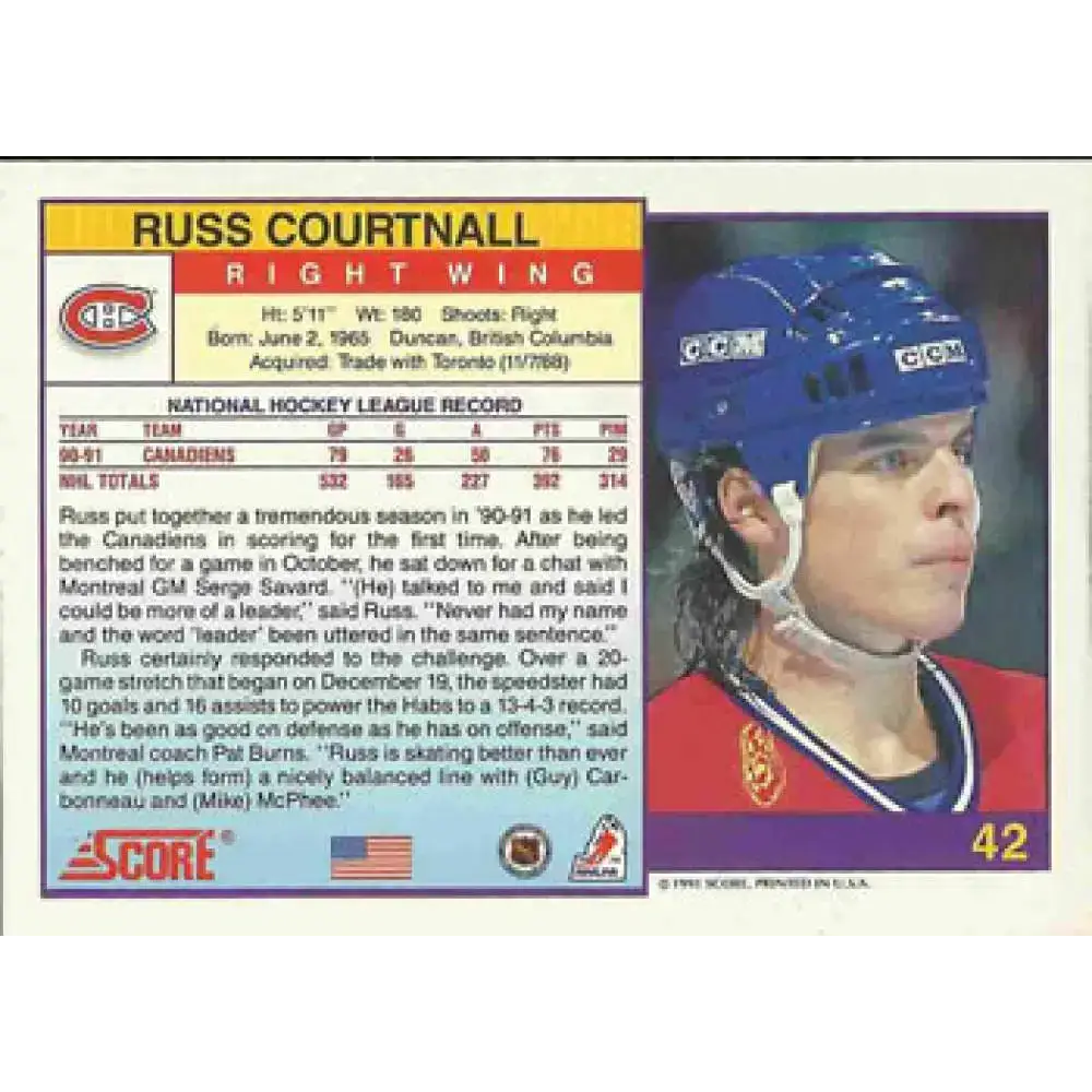 1991-92 Score American #42 Russ Courtnall NM-MT Montreal Canadiens Hockey Card - Hockey Card Single