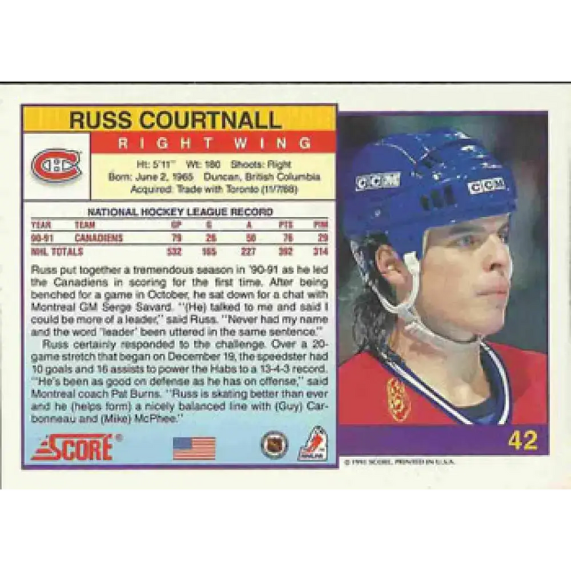1991-92 Score American #42 Russ Courtnall NM-MT Montreal Canadiens Hockey Card - Hockey Card Single