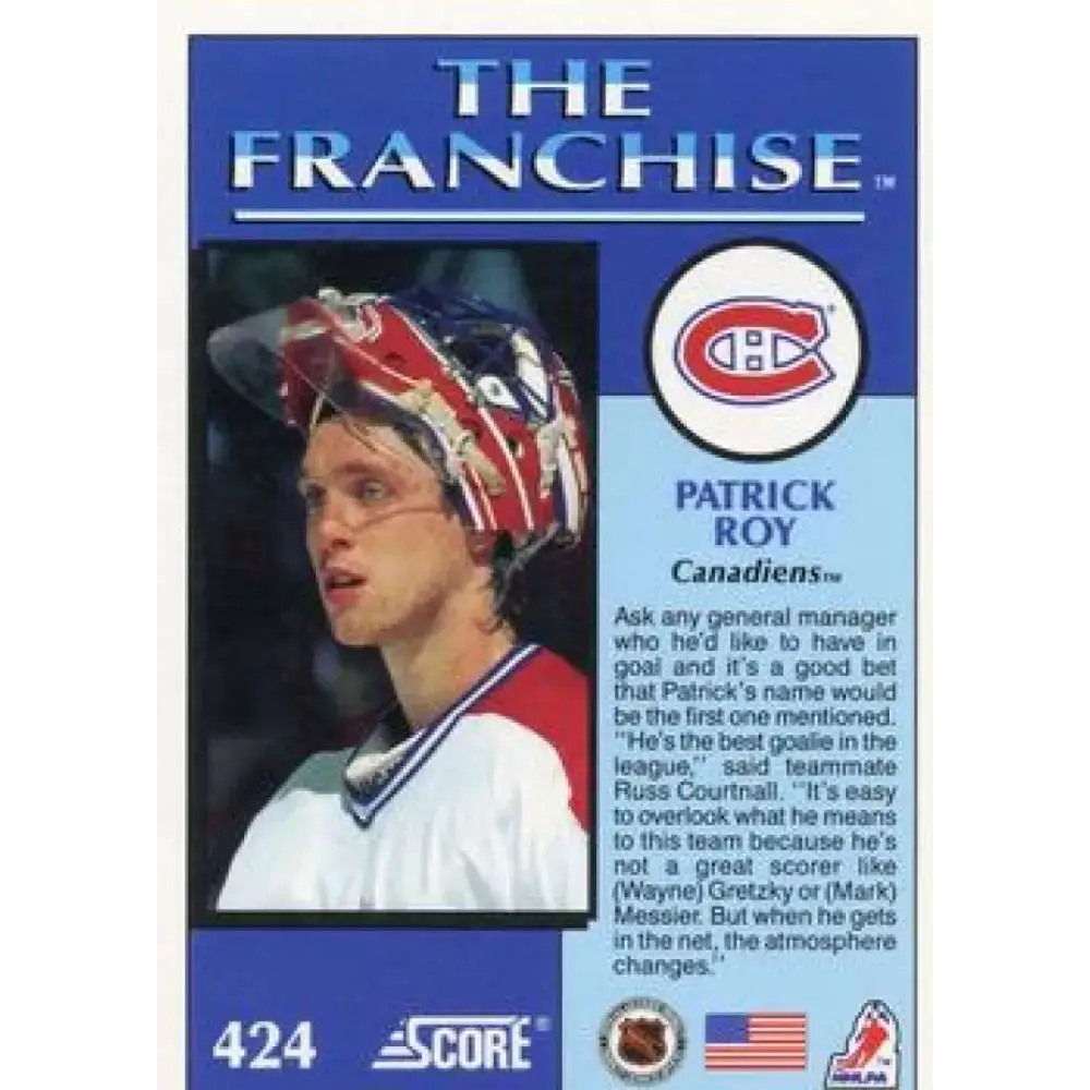 1991-92 Score American #424 Patrick Roy NM-MT Montreal Canadiens Hockey Card - Hockey Card Single
