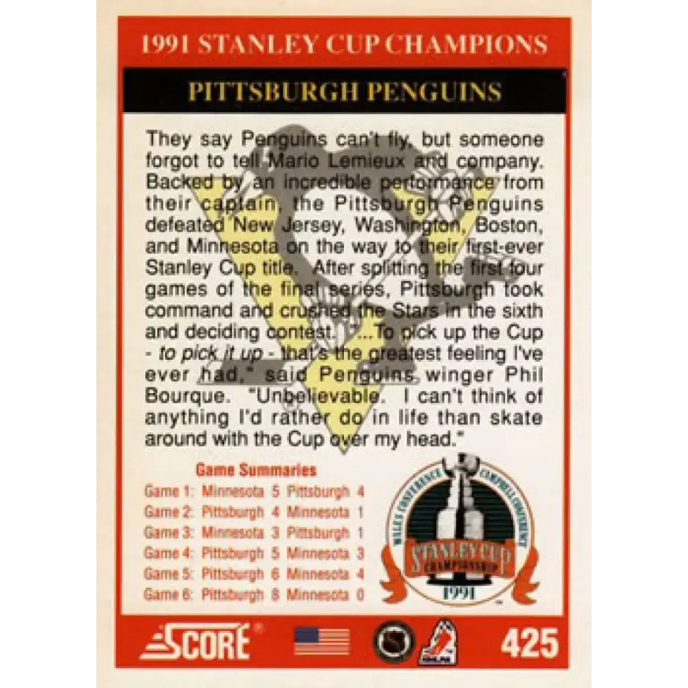 1991-92 Score American #425 Stanley Cup Champs NM-MT Pittsburgh Penguins Hockey Card