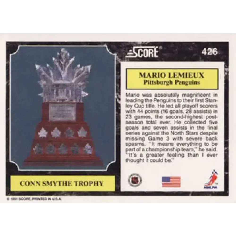 1991-92 Score American #426 Mario Lemieux NM-MT Pittsburgh Penguins Hockey Card - Hockey Card Single