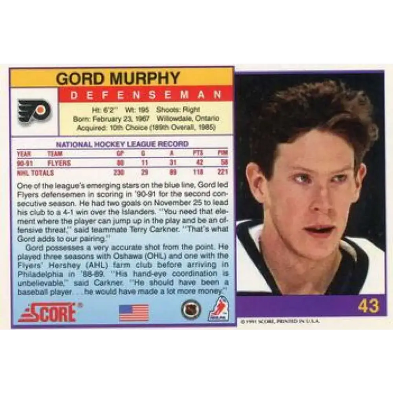 1991-92 Score American #43 Gord Murphy NM-MT Philadelphia Flyers Hockey Card - Hockey Card Single