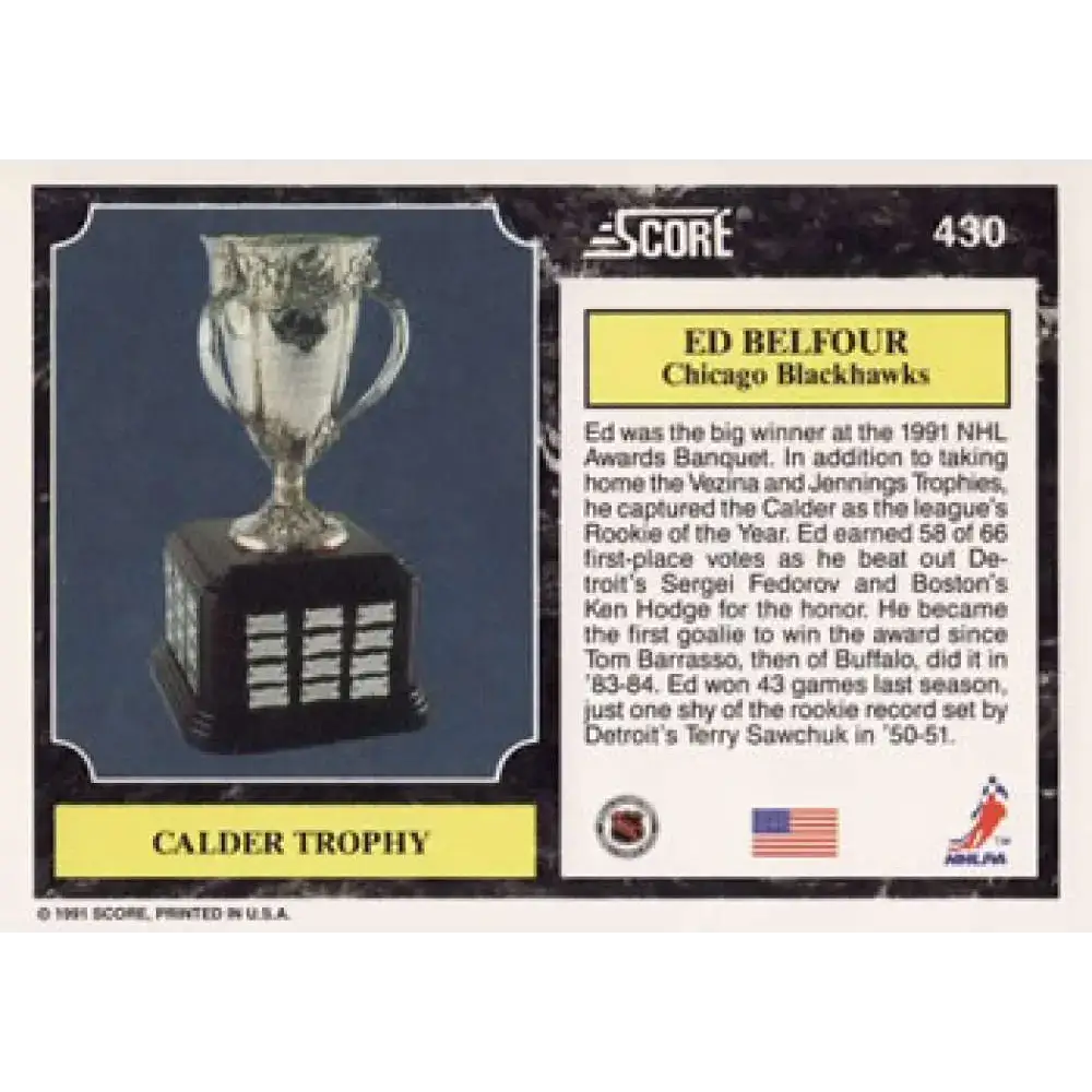 1991-92 Score American #430 Ed Belfour NM-MT Chicago Blackhawks Hockey Card - Hockey Card Single