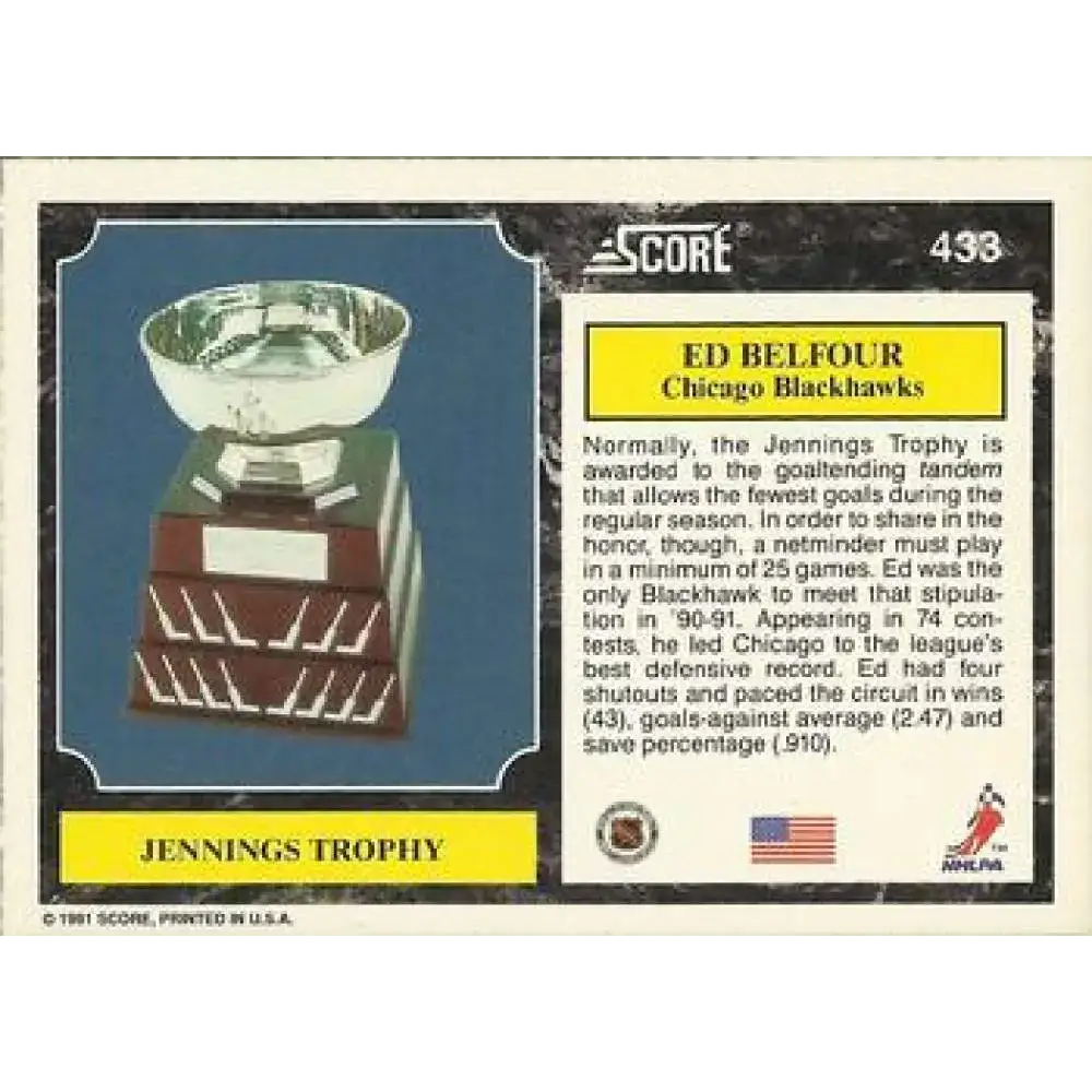 1991-92 Score American #433 Ed Belfour NM-MT Chicago Blackhawks Hockey Card - Hockey Card Single