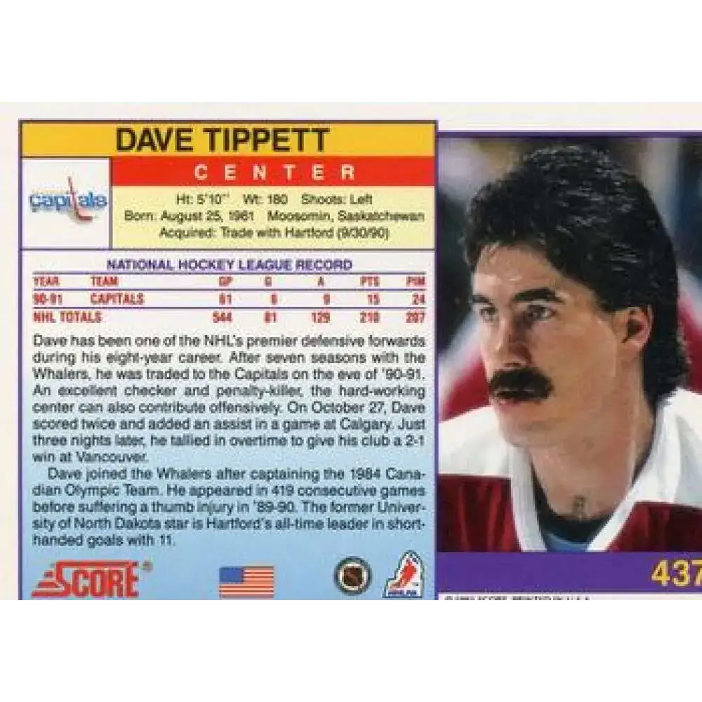 1991-92 Score American #437 Dave Tippett NM-MT Washington Capitals Hockey Card - Hockey Card Single