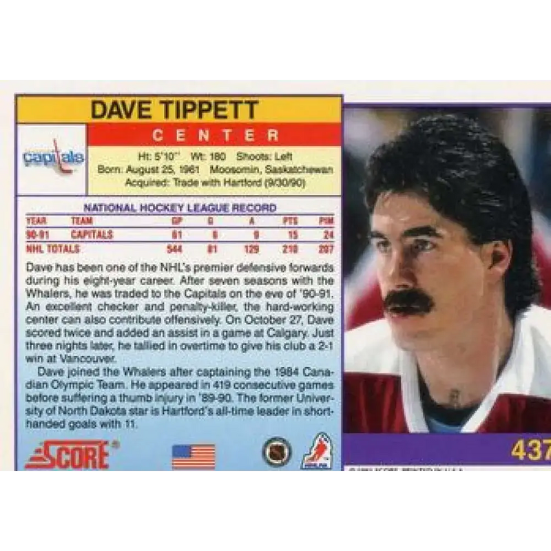 1991-92 Score American #437 Dave Tippett NM-MT Washington Capitals Hockey Card - Hockey Card Single