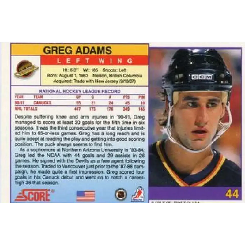 1991-92 Score American #44 Greg Adams NM-MT Vancouver Canucks Hockey Card - Hockey Card Single