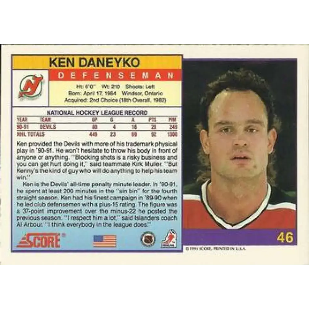 1991-92 Score American #46 Ken Daneyko NM-MT New Jersey Devils Hockey Card - Hockey Card Single