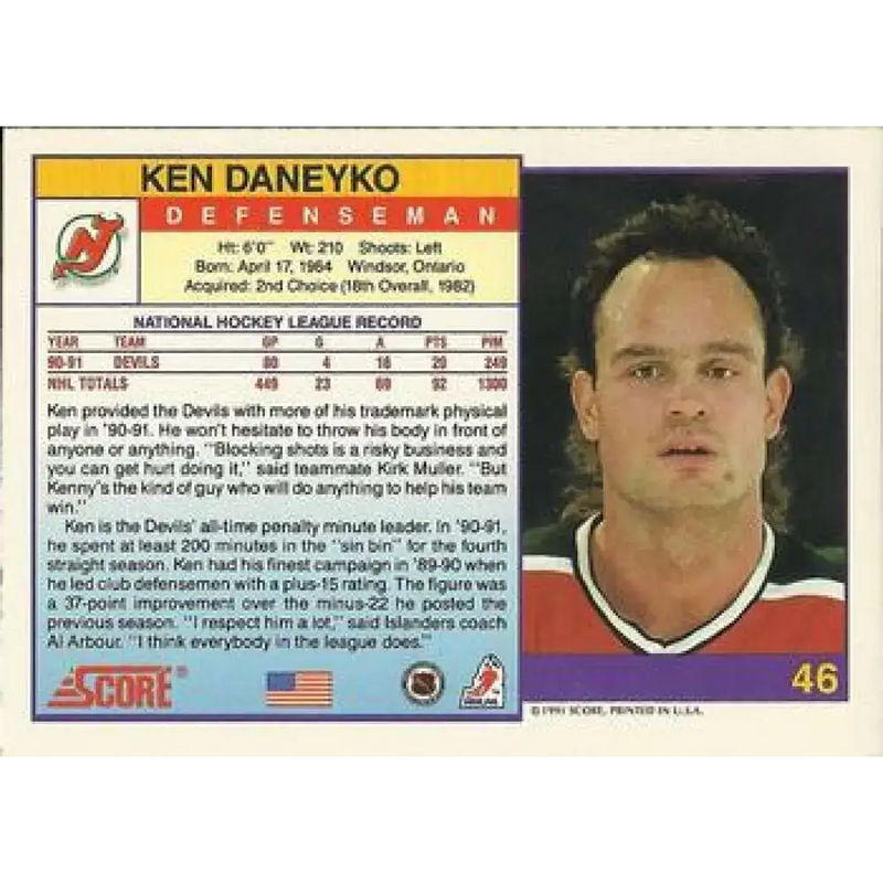 1991-92 Score American #46 Ken Daneyko NM-MT New Jersey Devils Hockey Card - Hockey Card Single