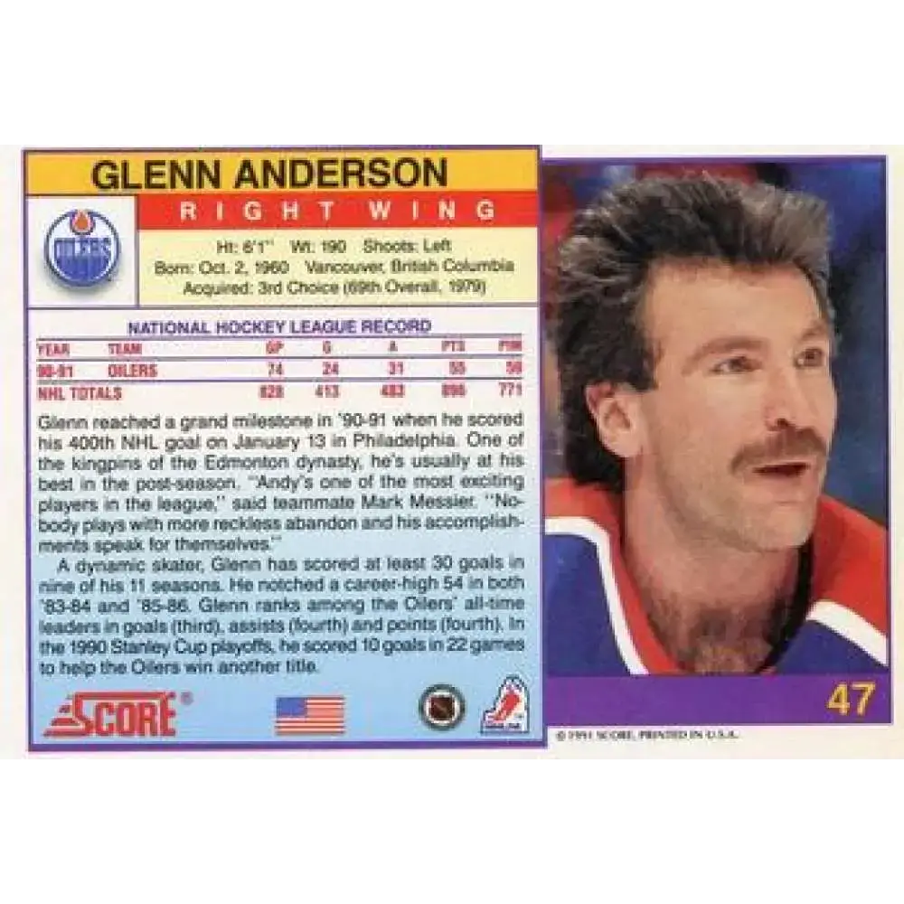 1991-92 Score American #47 Glenn Anderson NM-MT Edmonton Oilers Hockey Card - Hockey Card Single
