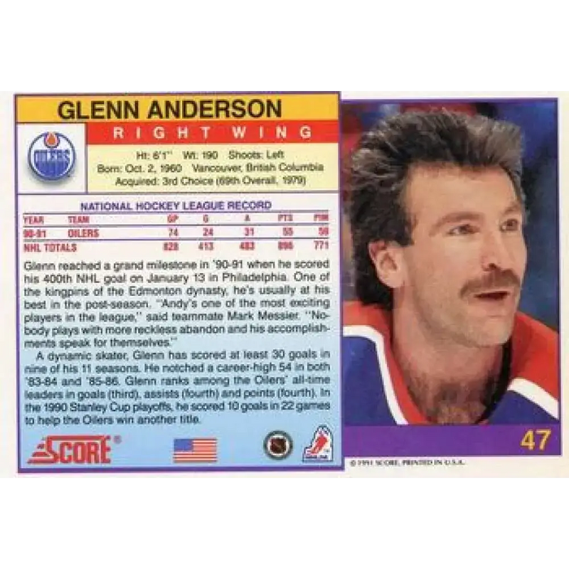 1991-92 Score American #47 Glenn Anderson NM-MT Edmonton Oilers Hockey Card - Hockey Card Single