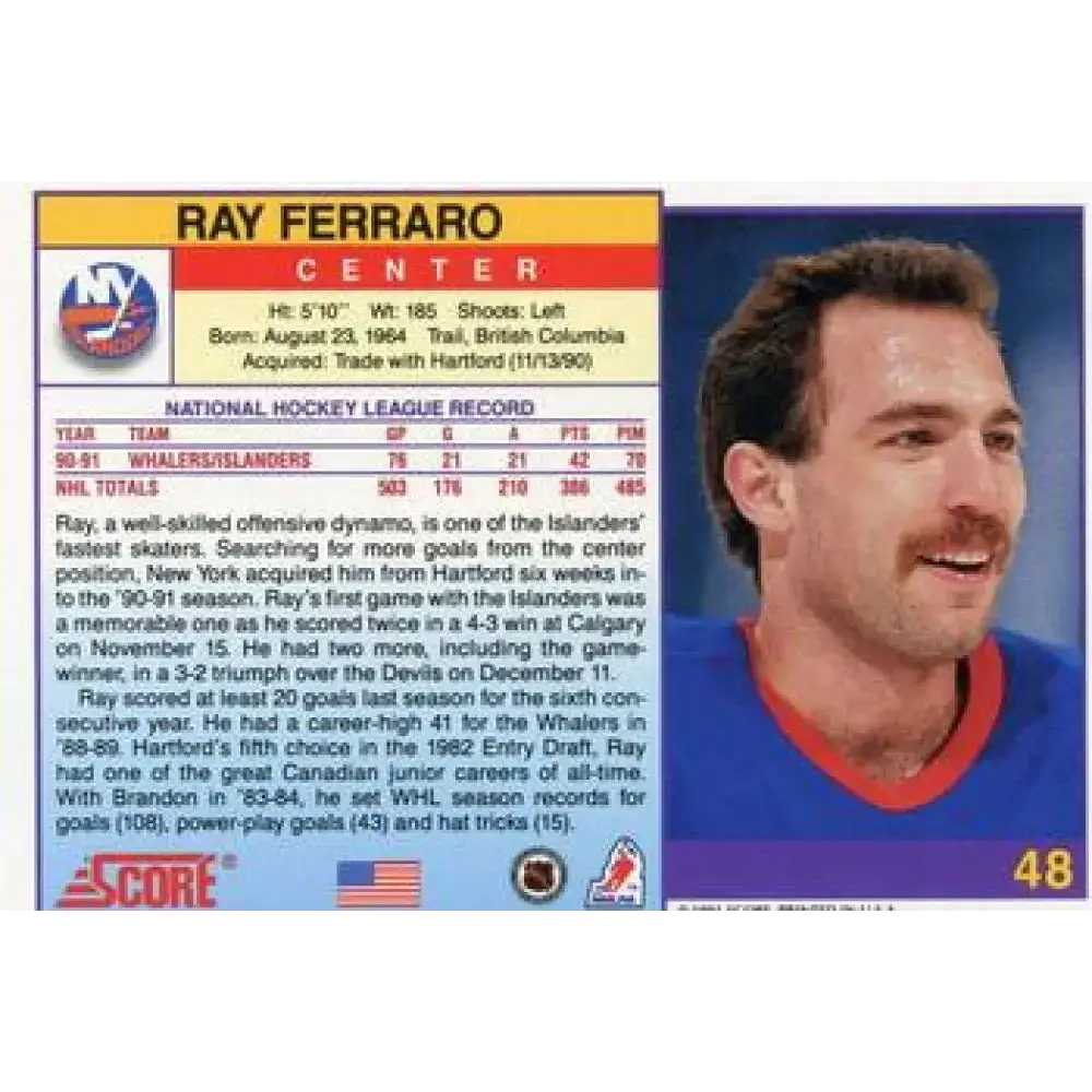 1991-92 Score American #48 Ray Ferraro NM-MT New York Islanders Hockey Card - Hockey Card Single