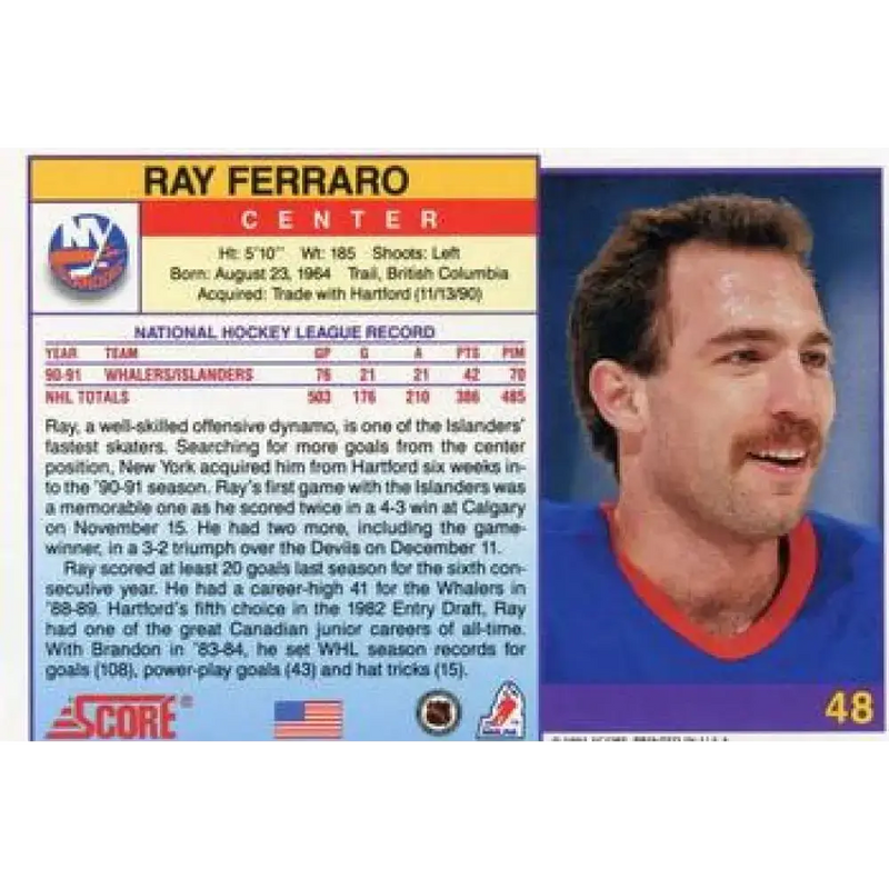 1991-92 Score American #48 Ray Ferraro NM-MT New York Islanders Hockey Card - Hockey Card Single