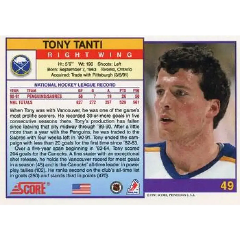 1991-92 Score American #49 Tony Tanti NM-MT Buffalo Sabres Hockey Card