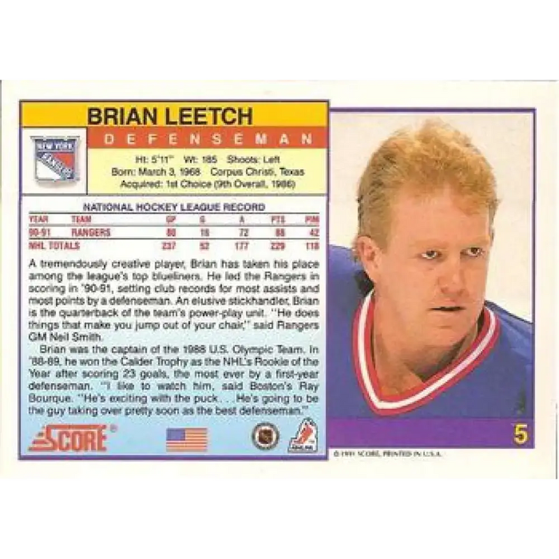 1991-92 Score American #5 Brian Leetch NM-MT New York Rangers Hockey Card - Hockey Card Single