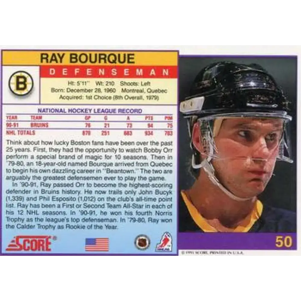 1991-92 Score American #50 Ray Bourque NM-MT Boston Bruins Hockey Card - Hockey Card Single