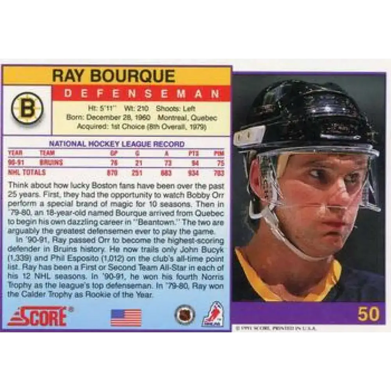 1991-92 Score American #50 Ray Bourque NM-MT Boston Bruins Hockey Card - Hockey Card Single