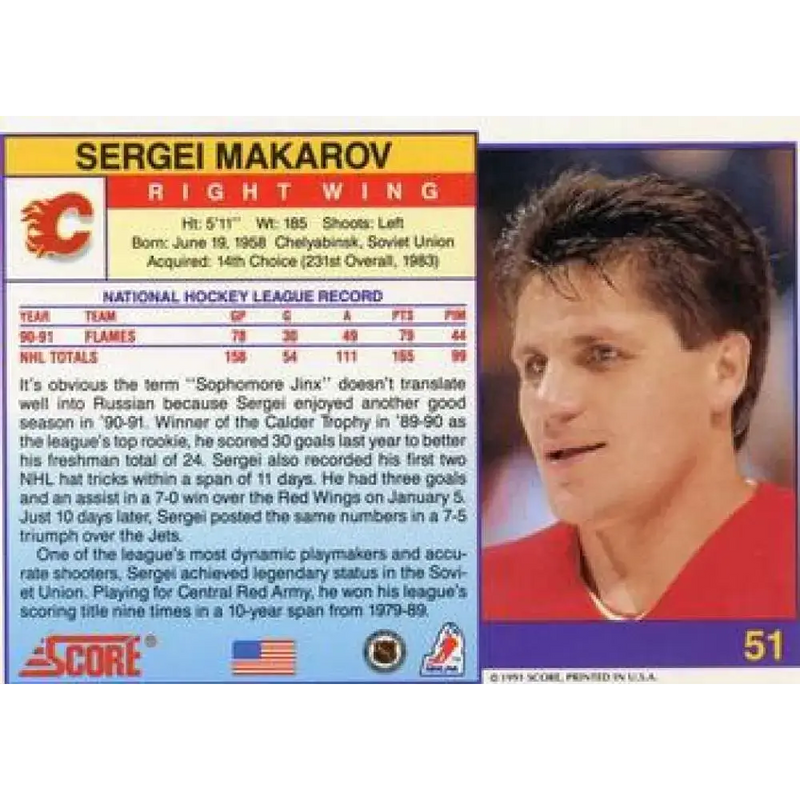 1991-92 Score American #51 Sergei Makarov NM-MT Calgary Flames Hockey Card - Hockey Card Single