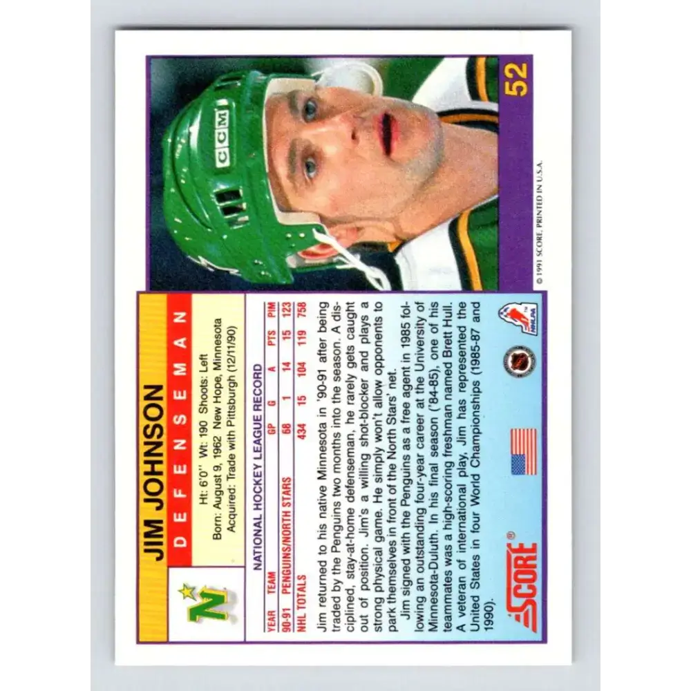 1991-92 Score American #52 Jim Johnson NM-MT Minnesota North Stars Hockey Card - Hockey Card Single
