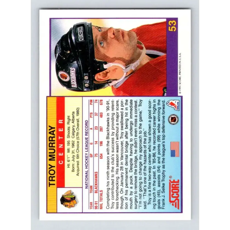 1991-92 Score American #53 Troy Murray NM-MT Chicago Blackhawks Hockey Card - Hockey Card Single
