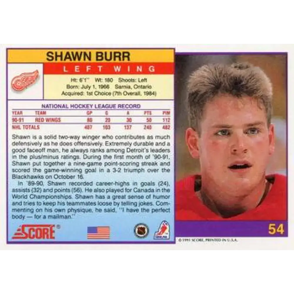 1991-92 Score American #54 Shawn Burr NM-MT Detroit Red Wings Hockey Card - Hockey Card Single