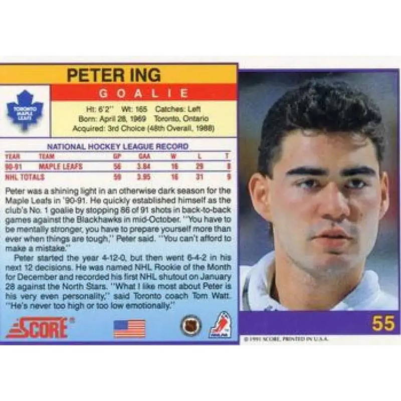 1991-92 Score American #55 Peter Ing NM-MT Toronto Maple Leafs Hockey Card - Hockey Card Single