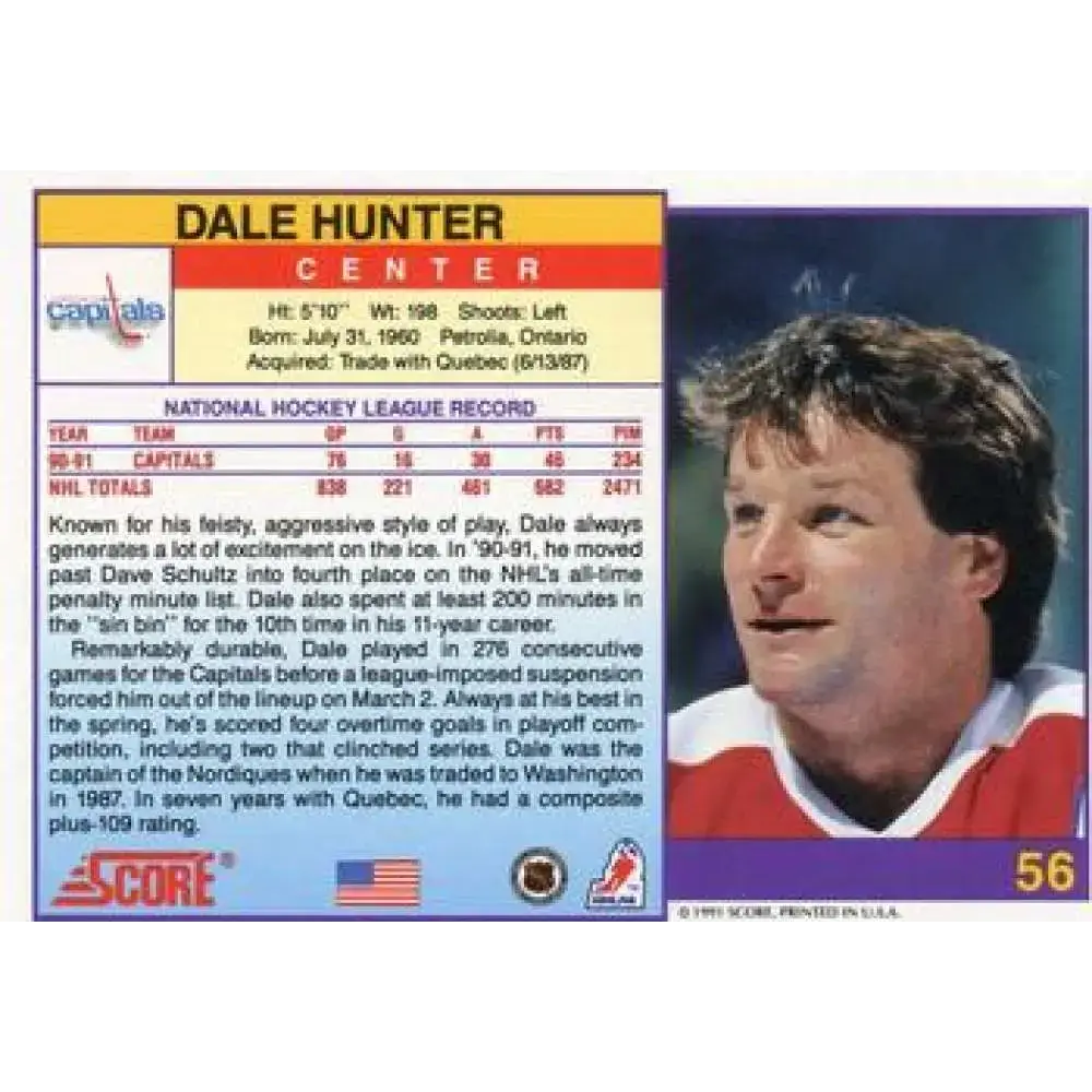 1991-92 Score American #56 Dale Hunter NM-MT Washington Capitals Hockey Card - Hockey Card Single