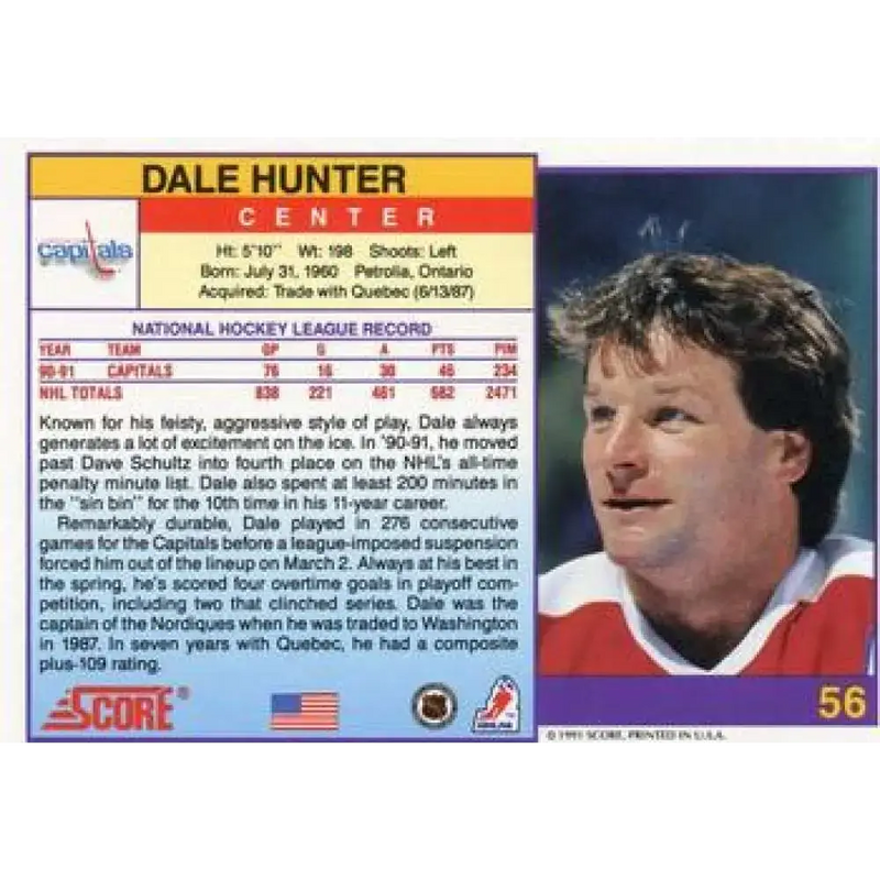 1991-92 Score American #56 Dale Hunter NM-MT Washington Capitals Hockey Card - Hockey Card Single