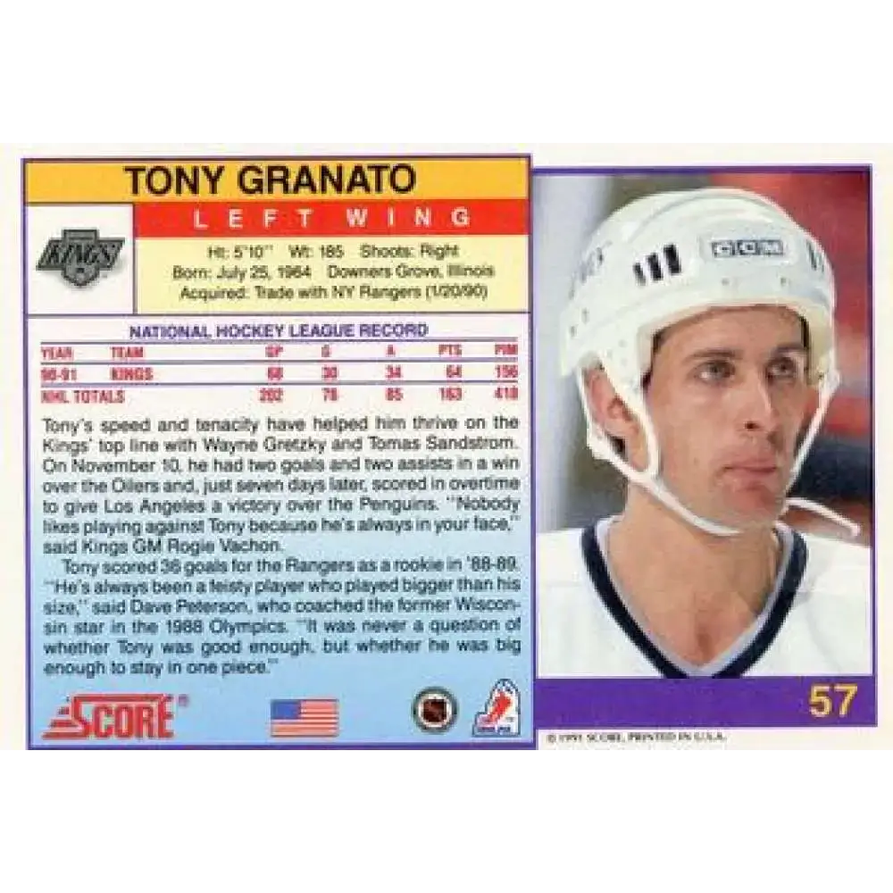 1991-92 Score American #57 Tony Granato NM-MT Los Angeles Kings Hockey Card - Hockey Card Single