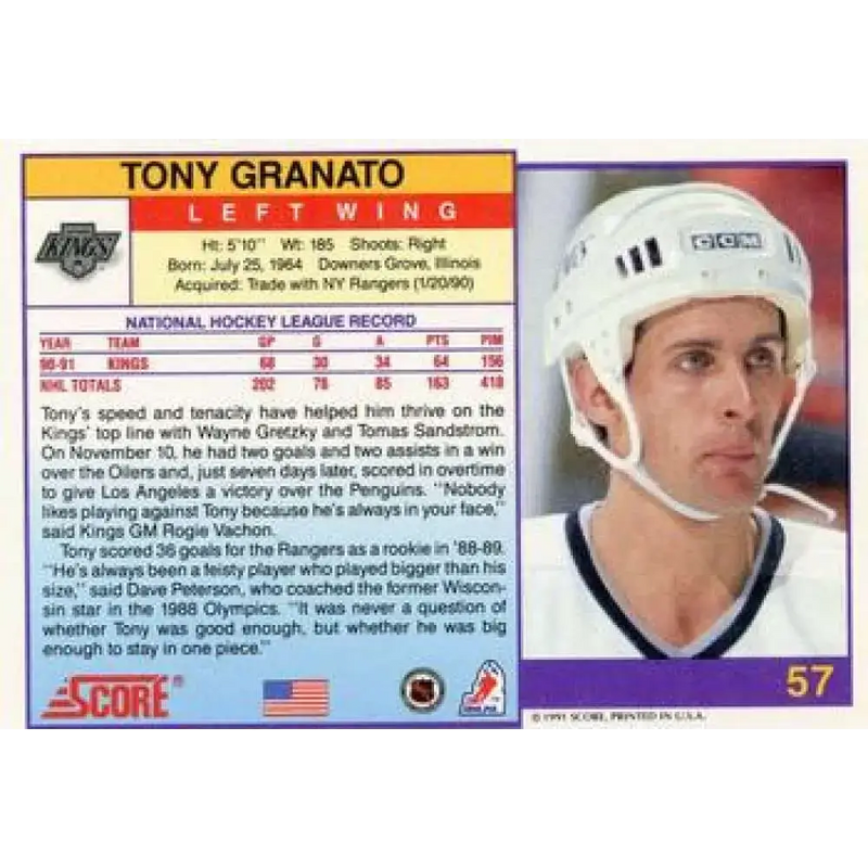 1991-92 Score American #57 Tony Granato NM-MT Los Angeles Kings Hockey Card - Hockey Card Single