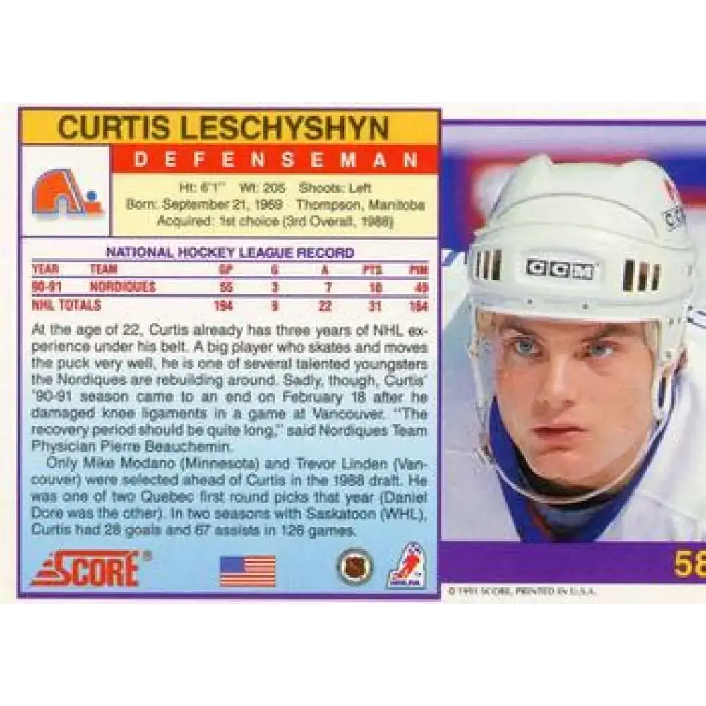 1991-92 Score American #58 Curtis Leschyshyn NM-MT Quebec Nordiques Hockey Card - Hockey Card Single