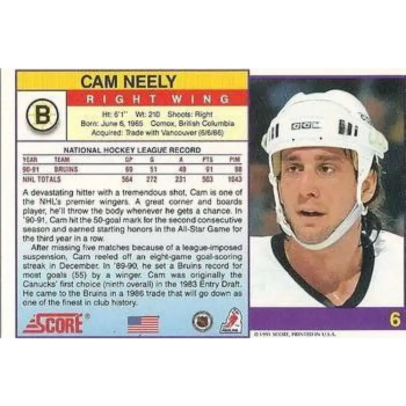 1991-92 Score American #6 Cam Neely NM-MT Boston Bruins Hockey Card - Hockey Card Single