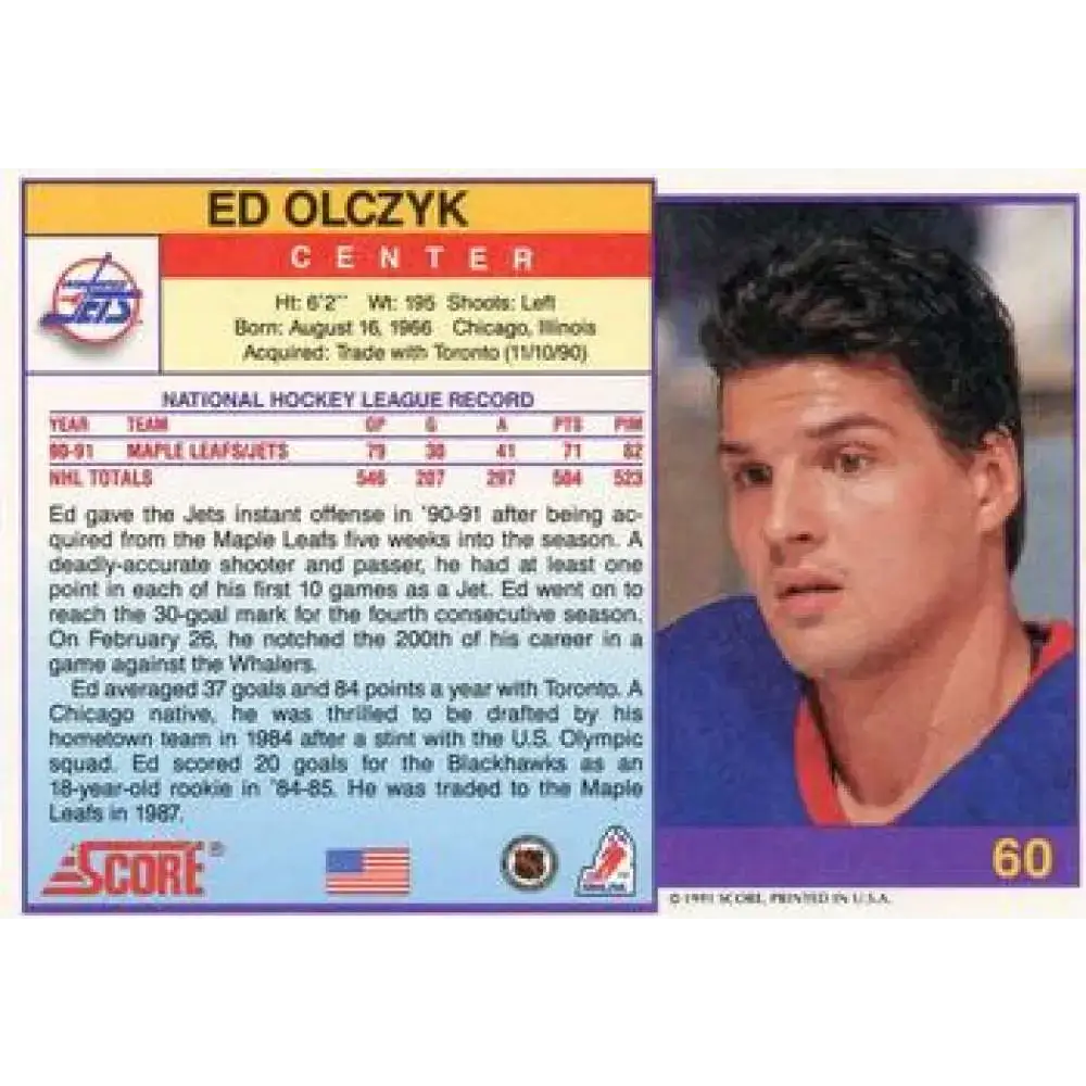 1991-92 Score American #60 Ed Olczyk NM-MT Winnipeg Jets Hockey Card - Hockey Card Single