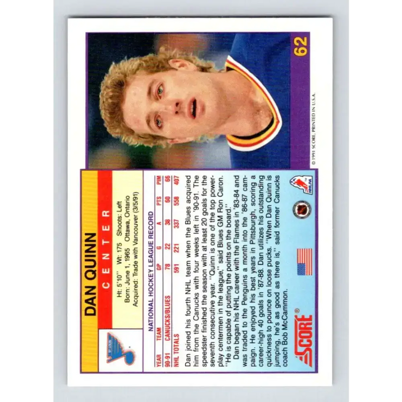 1991-92 Score American #62 Dan Quinn NM-MT St. Louis Blues Hockey Card - Hockey Card Single