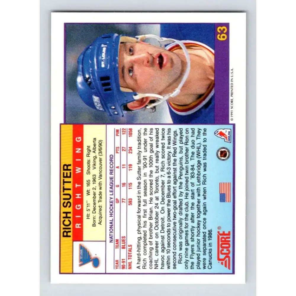 1991-92 Score American #63 Rich Sutter NM-MT St. Louis Blues Hockey Card - Hockey Card Single