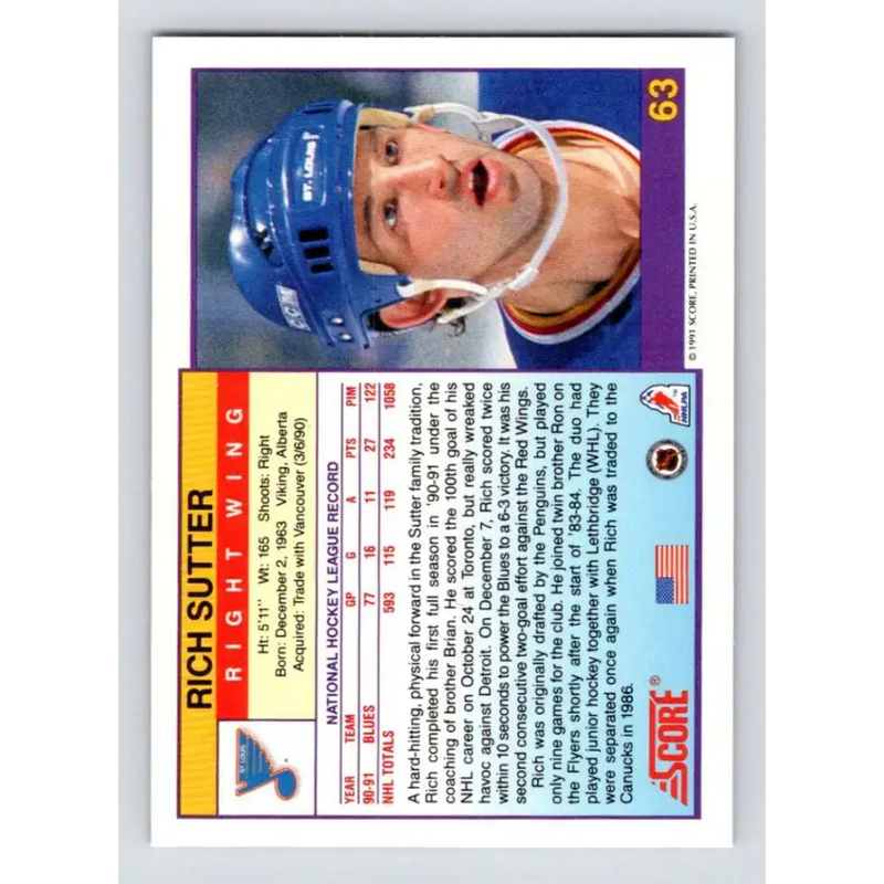 1991-92 Score American #63 Rich Sutter NM-MT St. Louis Blues Hockey Card - Hockey Card Single