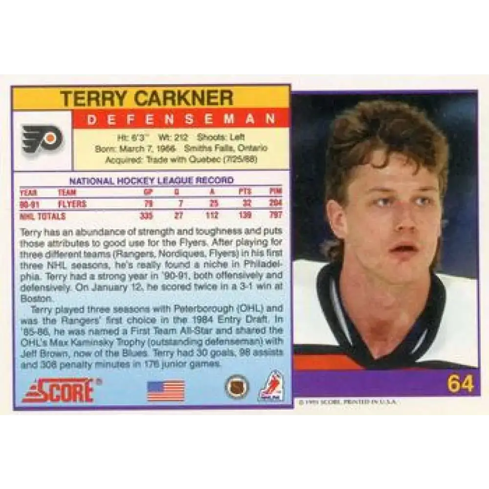 1991-92 Score American #64 Terry Carkner NM-MT Philadelphia Flyers Hockey Card - Hockey Card Single