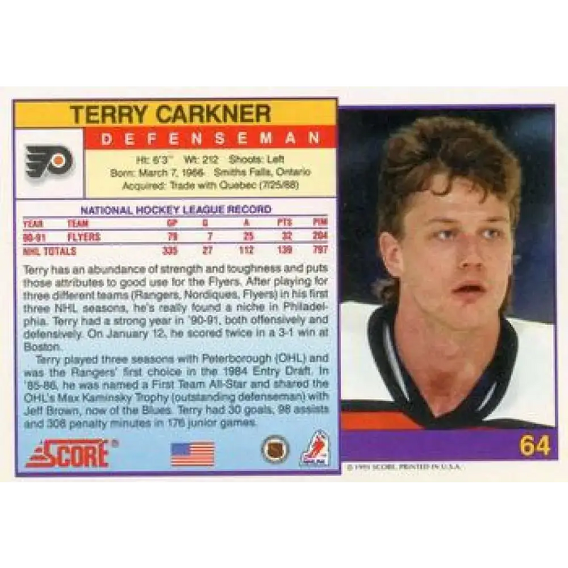 1991-92 Score American #64 Terry Carkner NM-MT Philadelphia Flyers Hockey Card - Hockey Card Single