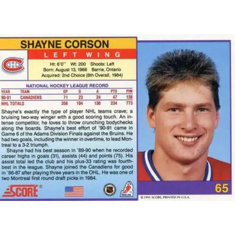 1991-92 Score American #65 Shayne Corson NM-MT Montreal Canadiens Hockey Card