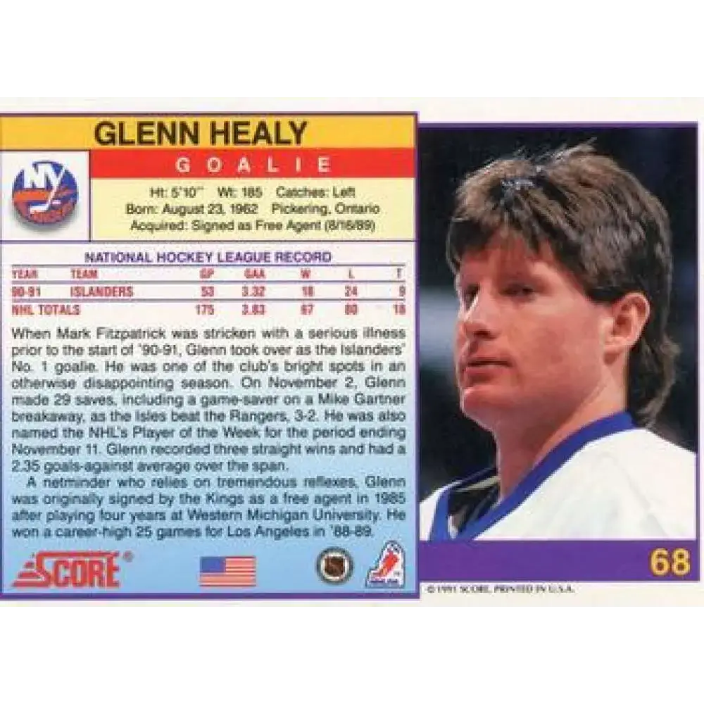 1991-92 Score American #68 Glenn Healy NM-MT New York Islanders Hockey Card - Hockey Card Single