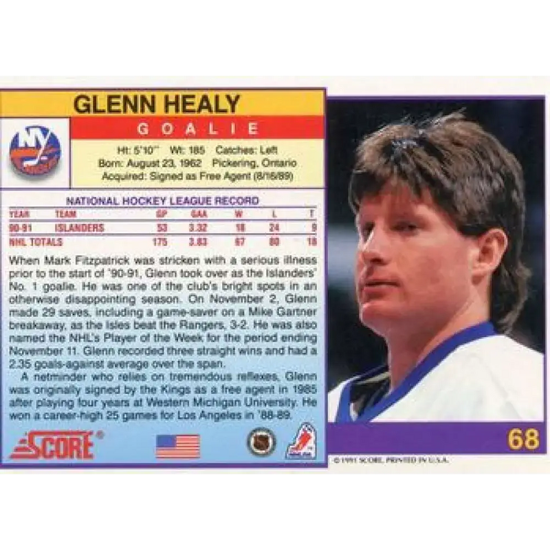 1991-92 Score American #68 Glenn Healy NM-MT New York Islanders Hockey Card - Hockey Card Single