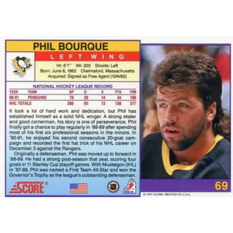 1991-92 Score American #69 Phil Bourque NM-MT Pittsburgh Penguins Hockey Card - Hockey Card Single