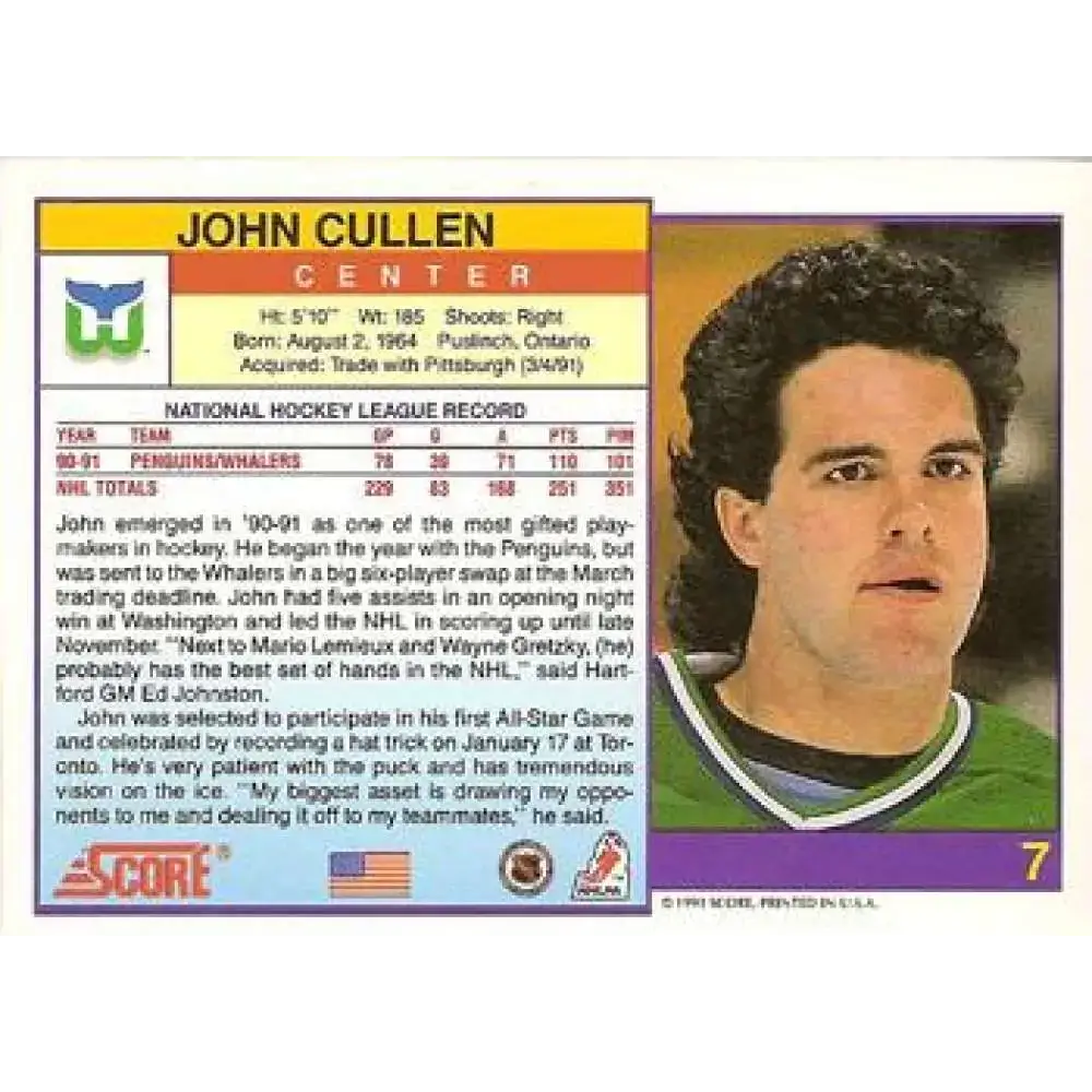 1991-92 Score American #7 John Cullen NM-MT Hartford Whalers Hockey Card - Hockey Card Single