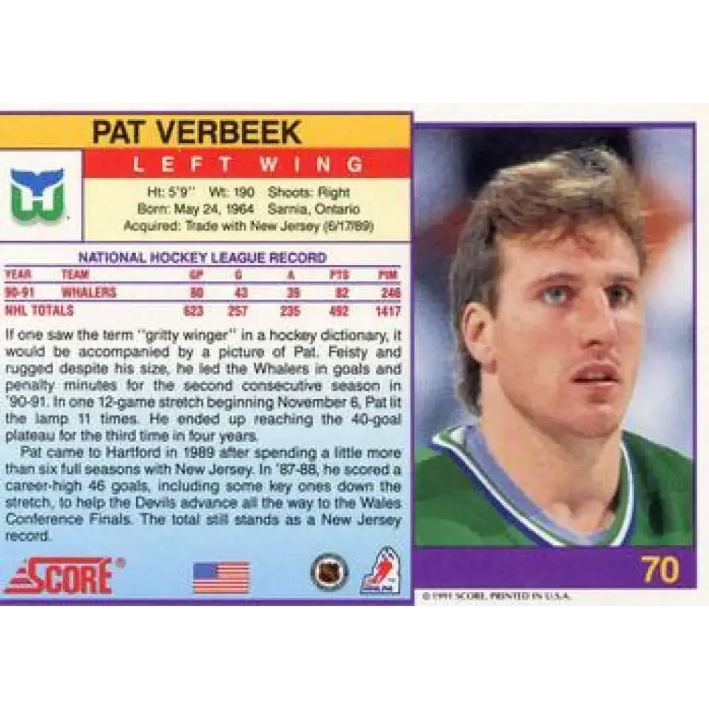 1991-92 Score American #70 Pat Verbeek NM-MT Hartford Whalers Hockey Card - Hockey Card Single