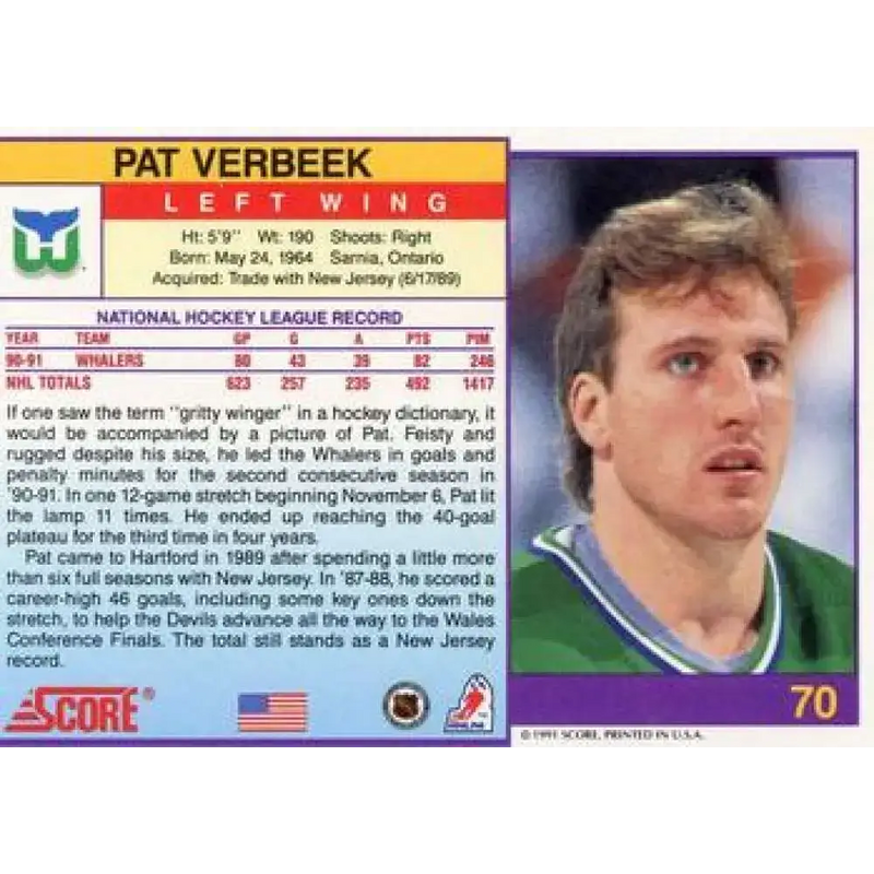 1991-92 Score American #70 Pat Verbeek NM-MT Hartford Whalers Hockey Card - Hockey Card Single