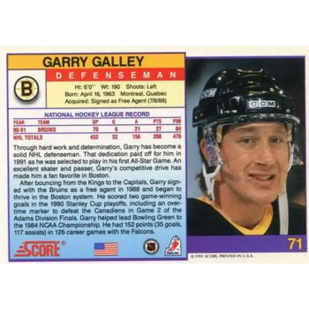 1991-92 Score American #71 Garry Galley NM-MT Boston Bruins Hockey Card - Hockey Card Single