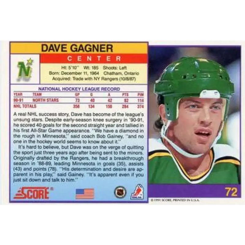 1991-92 Score American #72 Dave Gagner NM-MT Minnesota North Stars Hockey Card - Hockey Card Single