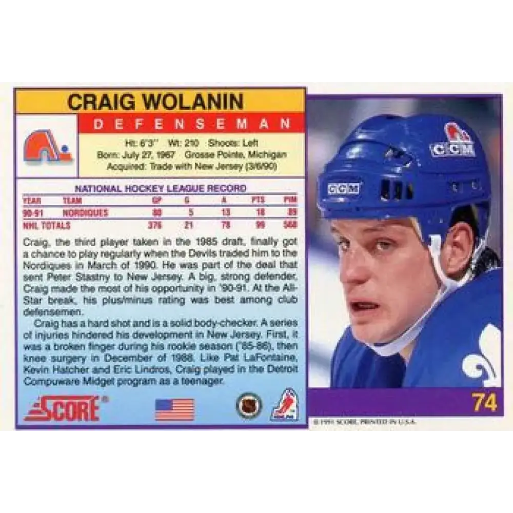 1991-92 Score American #74 Craig Wolanin NM-MT Quebec Nordiques Hockey Card - Hockey Card Single