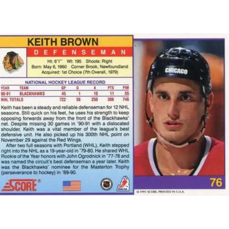 1991-92 Score American #76 Keith Brown NM-MT Chicago Blackhawks Hockey Card - Hockey Card Single